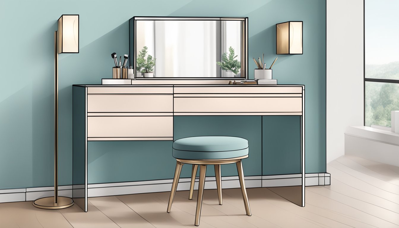 A sleek dressing table with a hidden mirror seamlessly integrated into the design, featuring clean lines and modern functionality