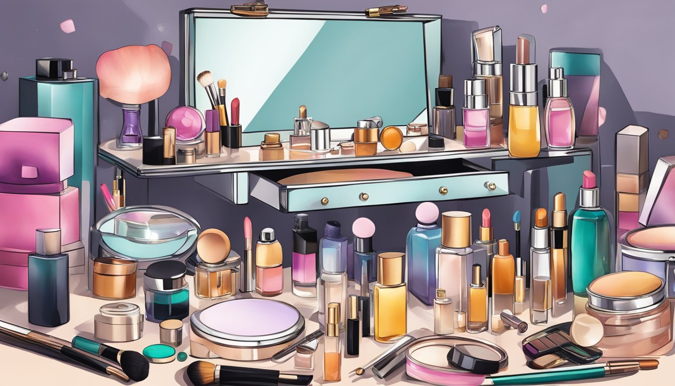 A cluttered dressing table with a hidden mirror. Makeup, jewelry, and perfume bottles are scattered across the table