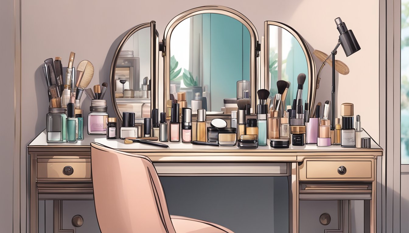 A cluttered dressing table with a hidden mirror, surrounded by beauty products and accessories