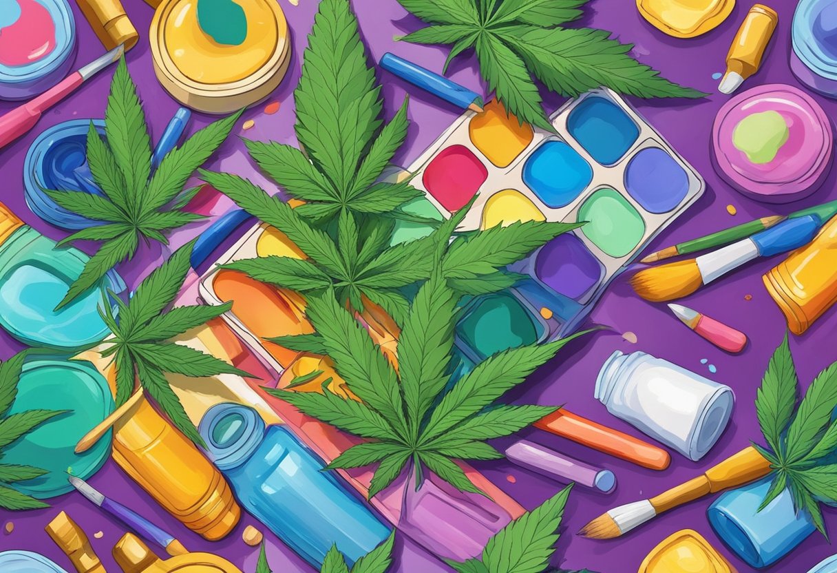 A colorful palette of art supplies surrounds a cannabis plant, with vibrant brushstrokes and imaginative creations filling the background