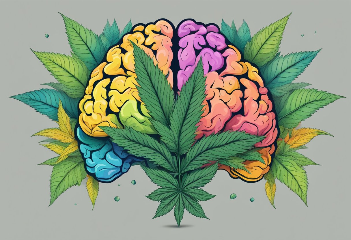 A colorful brain with cannabis leaves intertwined, emitting creative energy