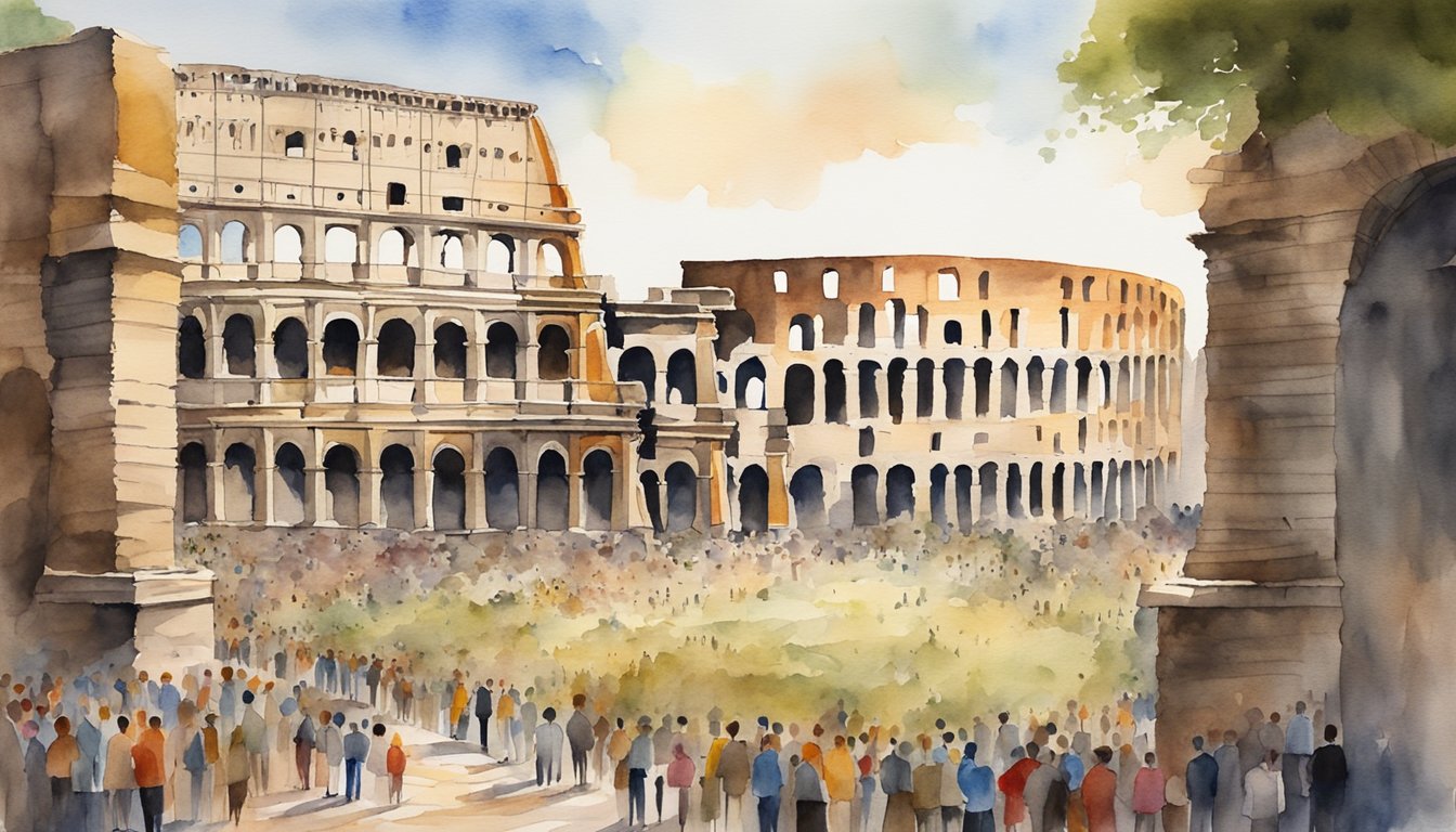 The Colosseum stands tall, surrounded by bustling crowds and ancient ruins, symbolizing the cultural and social impact of the Roman Empire