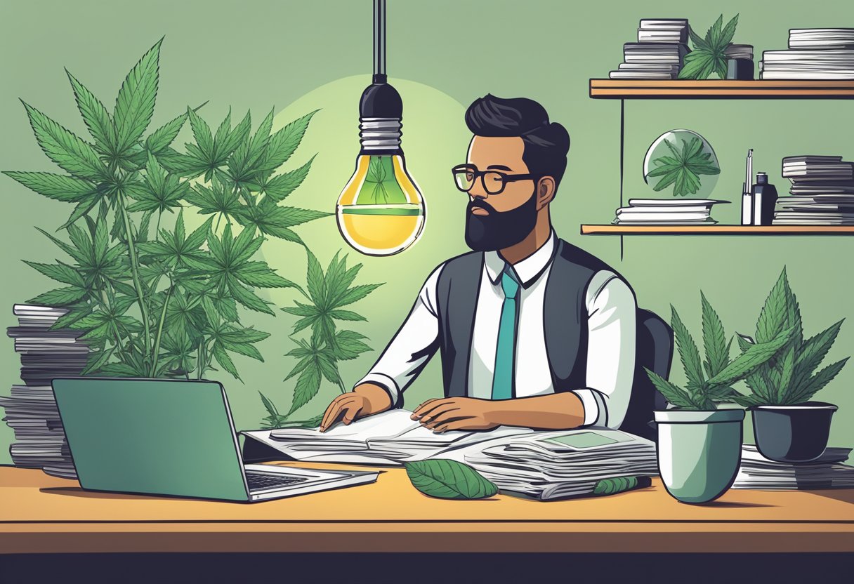 A person sits at a desk surrounded by research papers and a laptop, deep in thought while holding a cannabis plant. A lightbulb symbolizing creativity hovers above their head