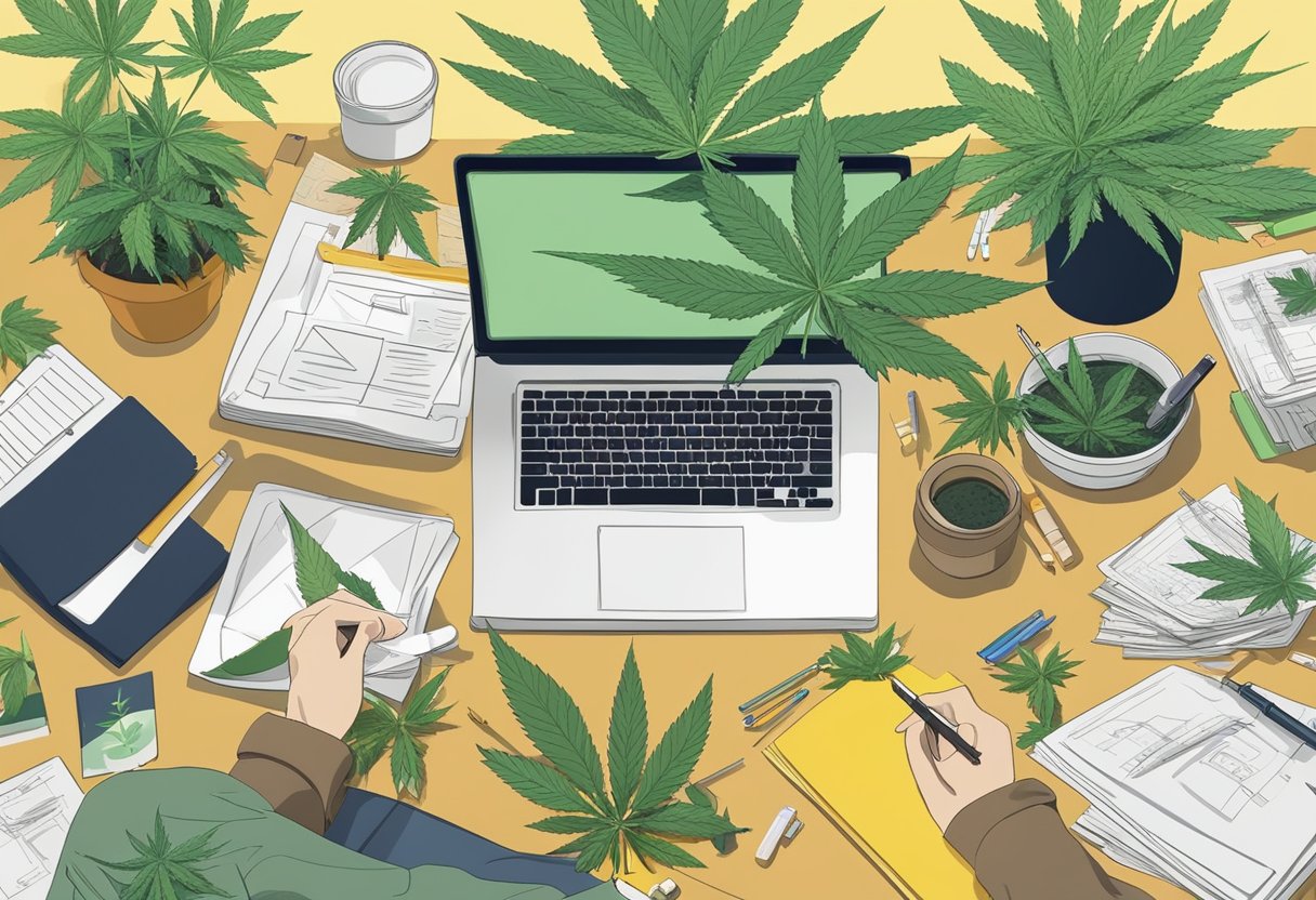 A person sits at a desk surrounded by art supplies and cannabis plants. Legal documents and creative works are scattered around, illustrating the intersection of legality, creativity, and cannabis