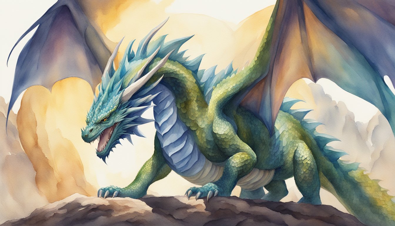 A fierce dragon stands tall, its scales shimmering in the sunlight.</p><p>Its powerful wings are spread wide, and its sharp claws dig into the earth