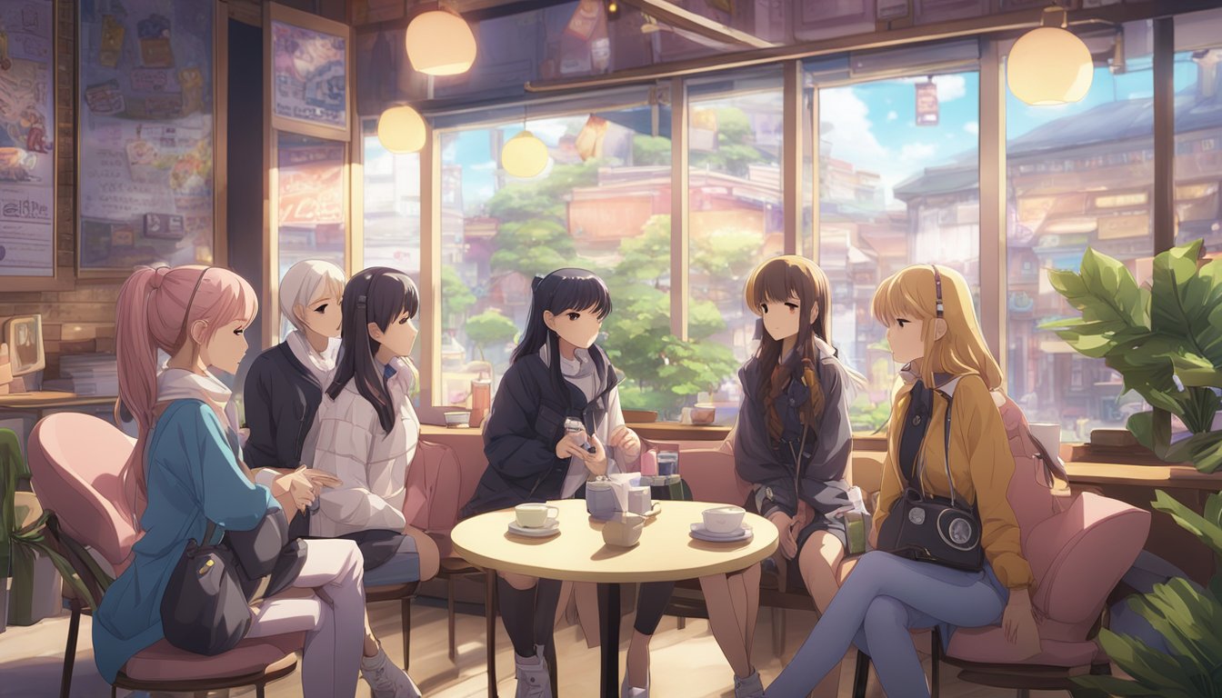 A group of sex doll owners gather in a cozy cafe, chatting and admiring each other's dolls. A sign on the wall reads 