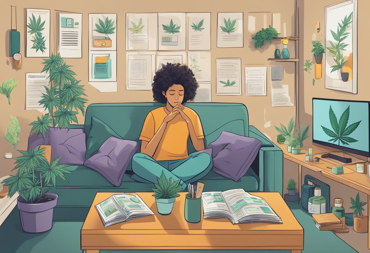 A person sitting on a couch with a worried expression, surrounded by cannabis products and informational pamphlets on anxiety