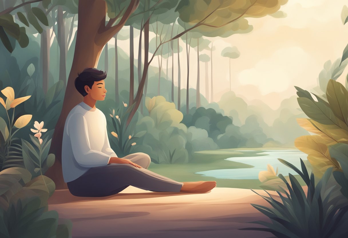A person sitting in a relaxed position, surrounded by calming elements like nature, soft lighting, and soothing colors, with a sense of peace and tranquility