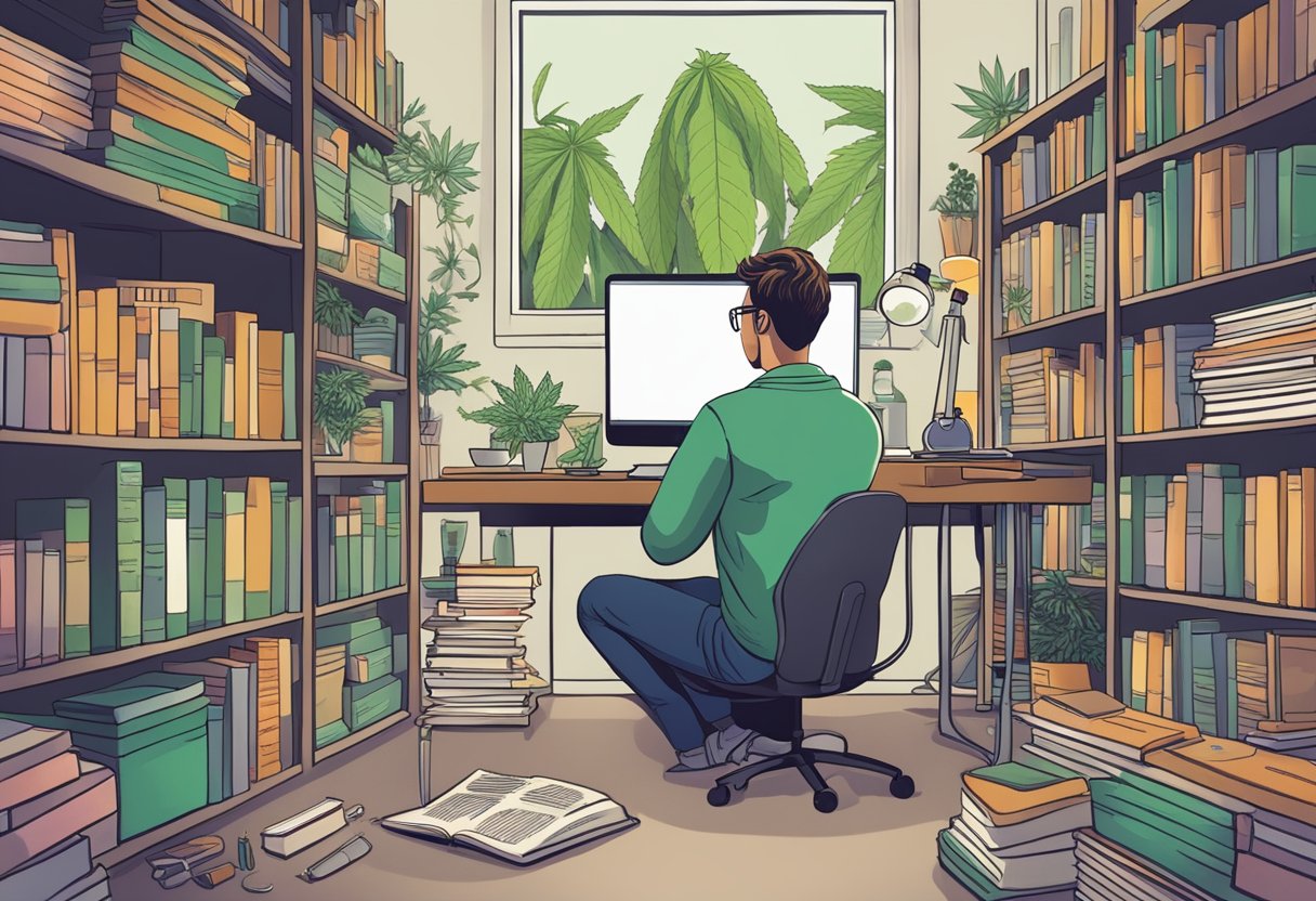 A person researching cannabis and anxiety, surrounded by books, a computer, and various scientific studies
