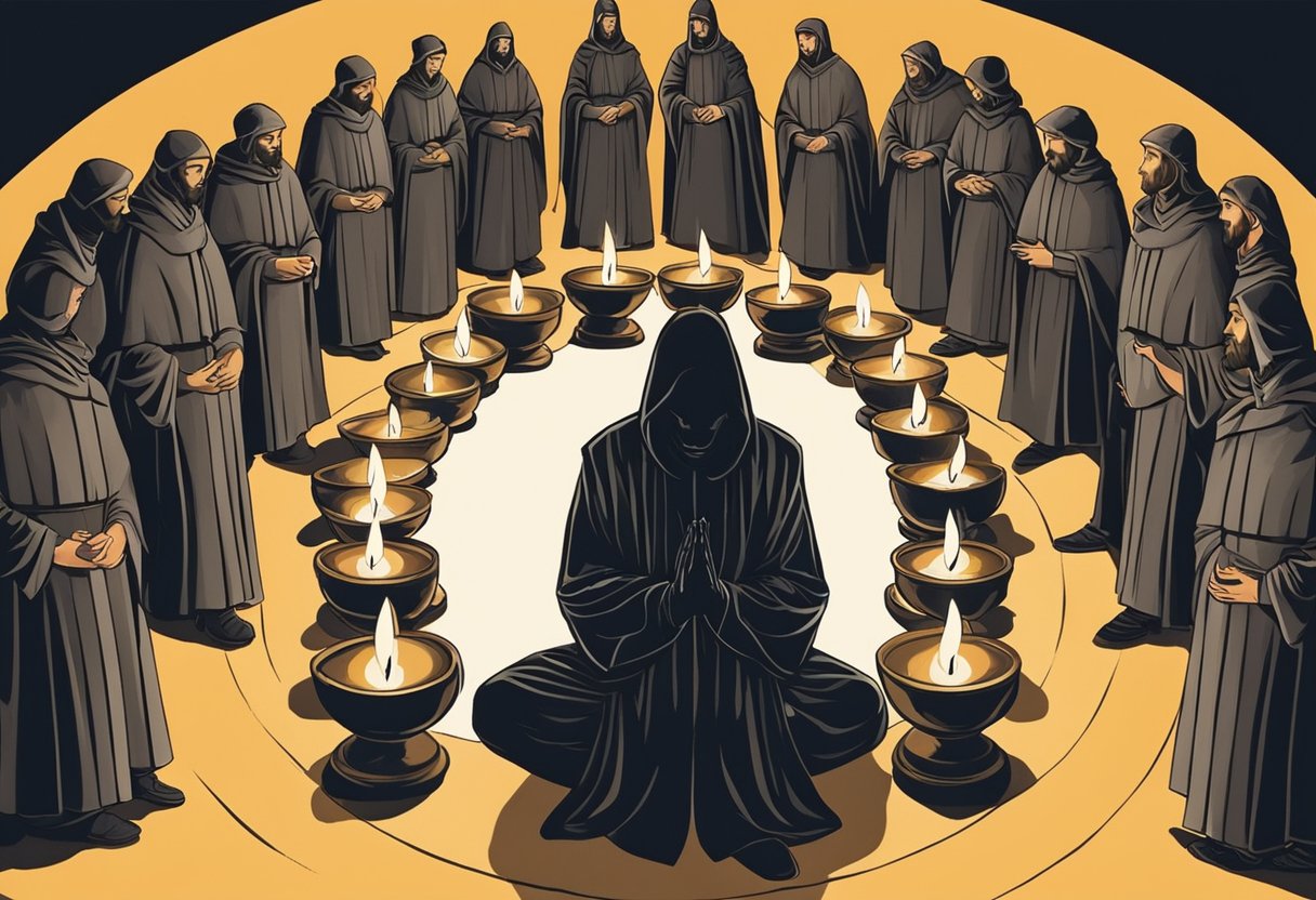 A dark figure kneels in a circle of candles, chanting fervently as they hold a symbol of protection against a looming shadow