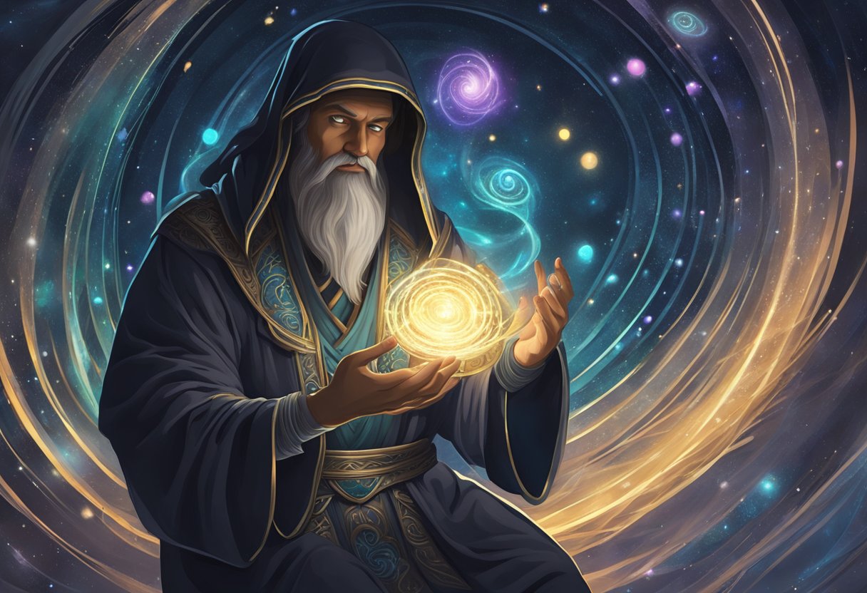 A figure surrounded by swirling, dark energy, holding a glowing amulet and reciting ancient incantations