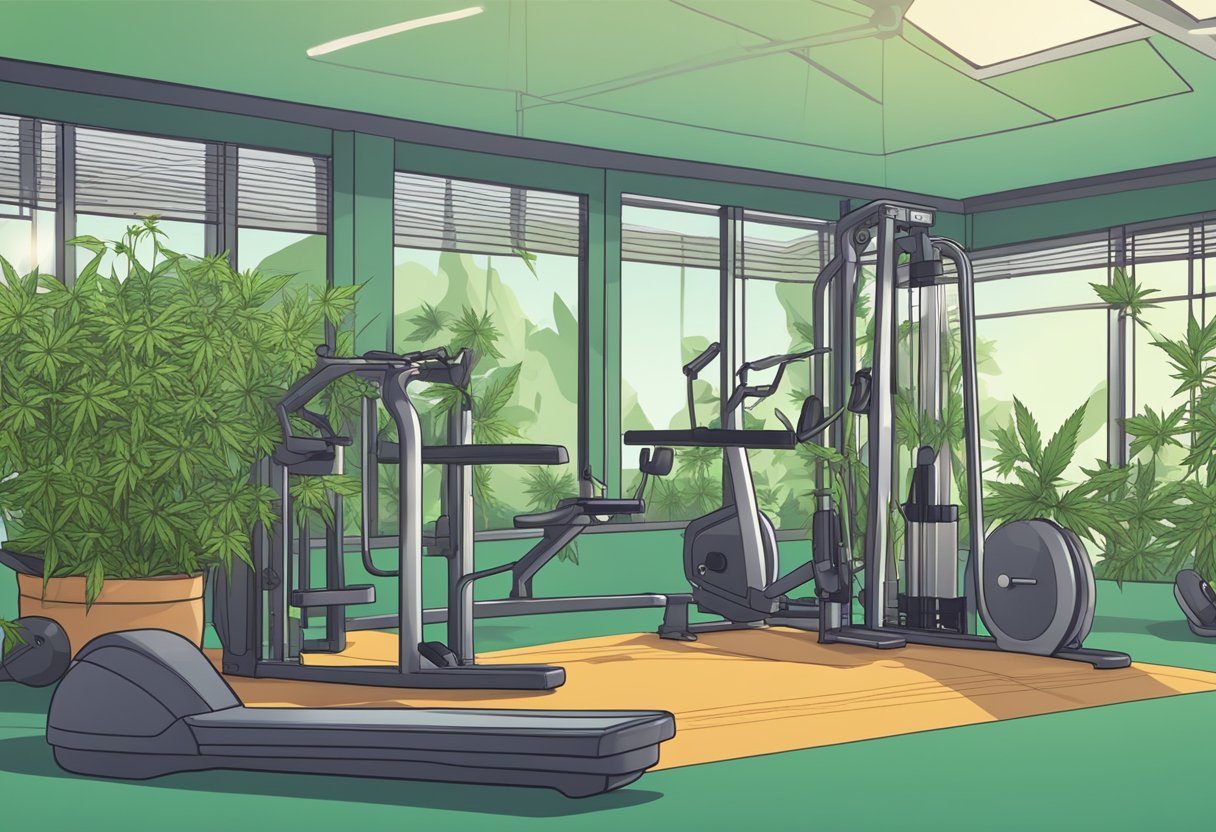 A gym with exercise equipment and cannabis plants in the background, highlighting the interaction between the endocannabinoid system and physical activity