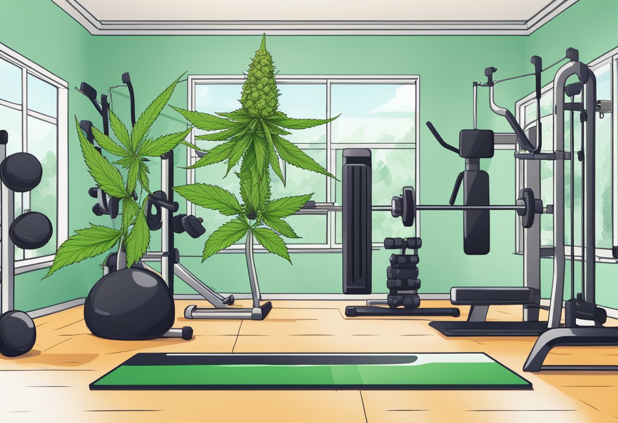A cannabis leaf surrounded by fitness equipment and a gym setting, symbolizing the potential benefits of cannabis for enhancing workouts
