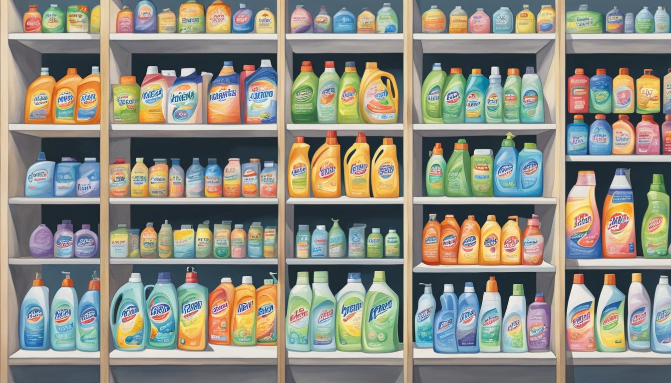 A shelf full of various laundry detergent brands, with price tags prominently displayed