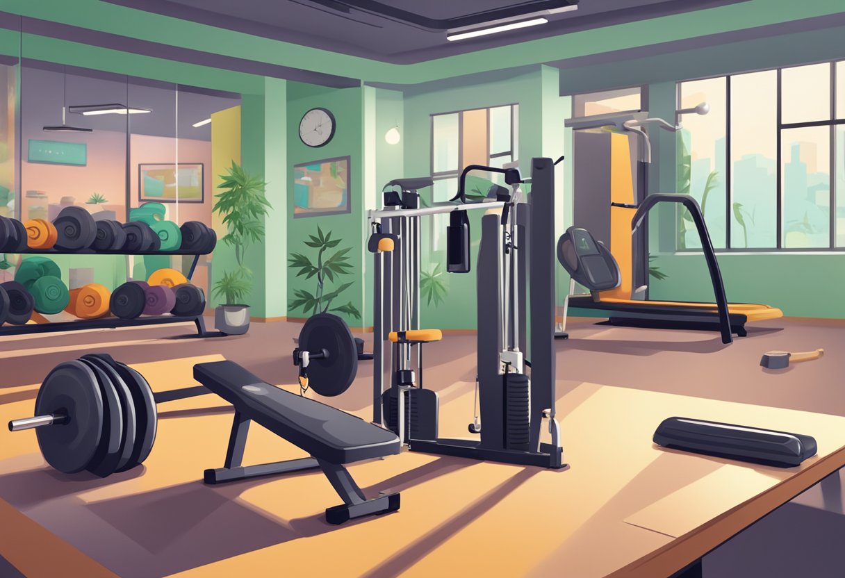 A gym setting with cannabis products on a nearby table, fitness equipment in the background, and a person exercising with a focused expression