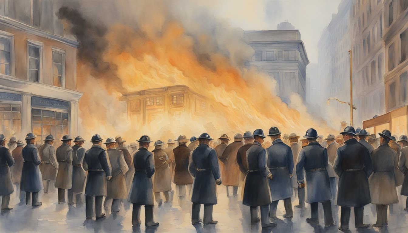 The burning Triangle Shirtwaist Factory, surrounded by horrified onlookers and engulfed in smoke, with firemen desperately trying to extinguish the flames