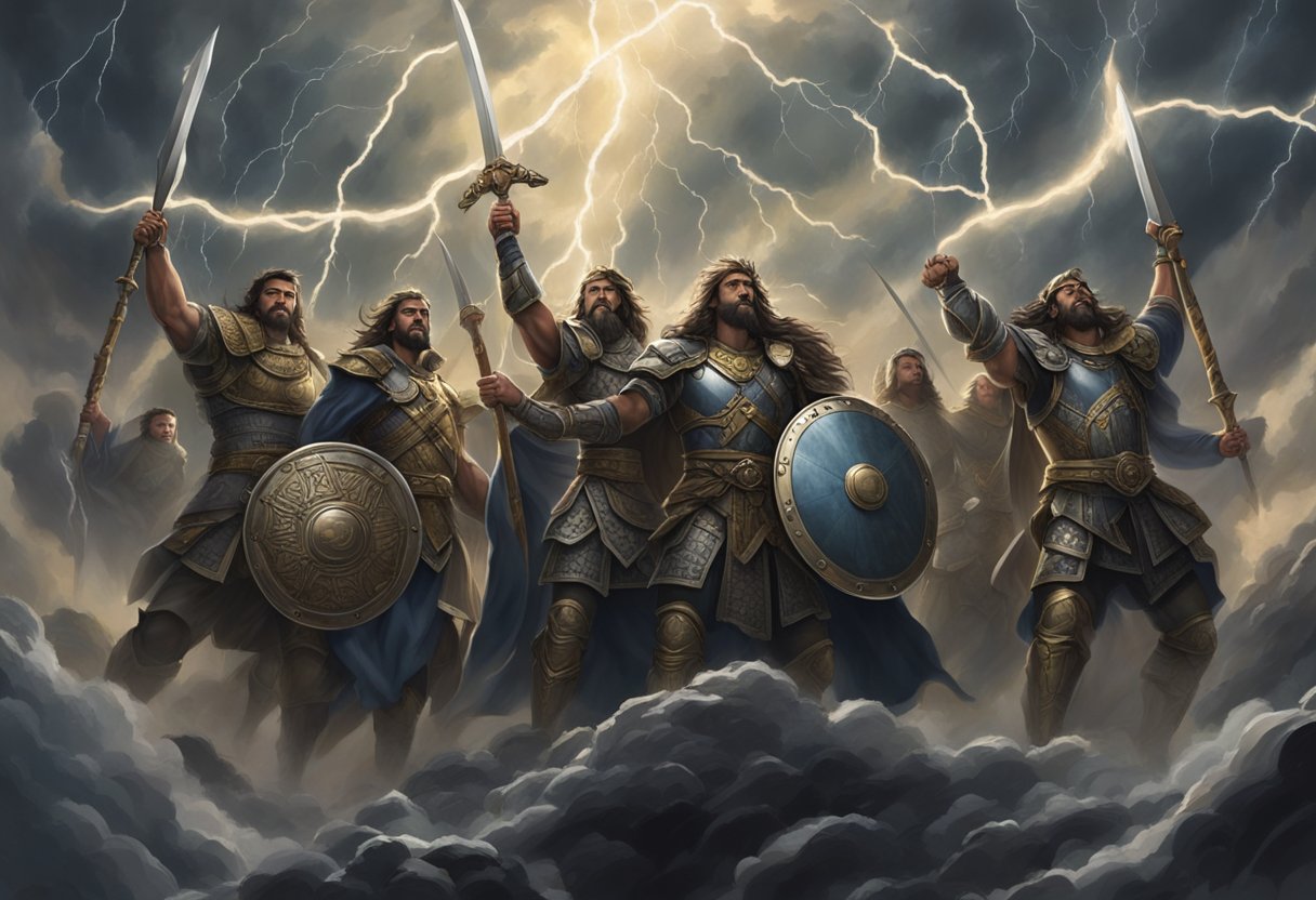 A group of warriors stand in a circle, lifting their swords and shields to the sky, surrounded by swirling dark clouds and bolts of lightning, as they chant powerful prayers to break an evil covenant