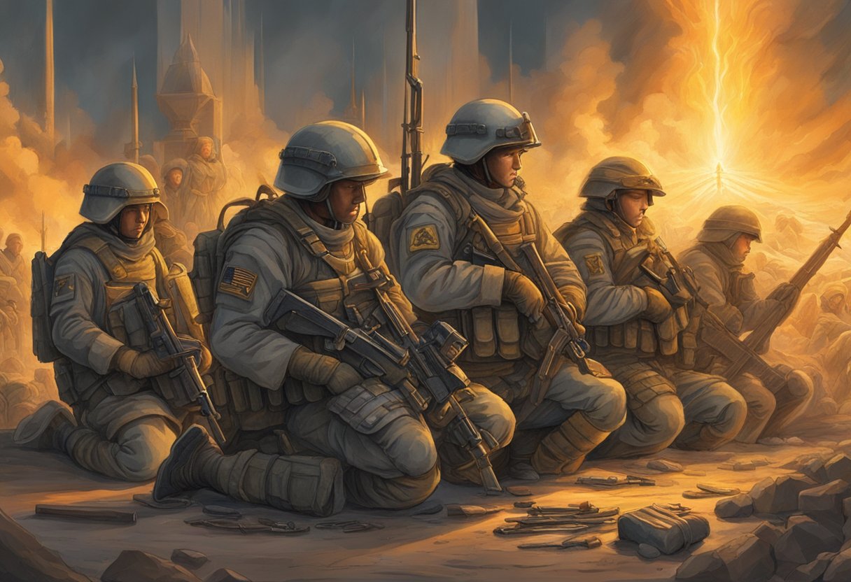 Soldiers kneeling in prayer, surrounded by weapons and armor. A fiery glow emanates from their midst, signifying spiritual warfare