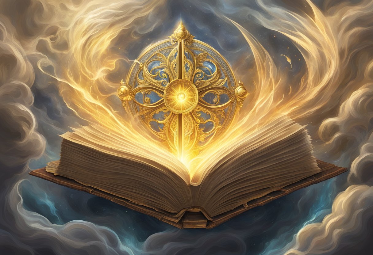 A powerful, radiant light emanates from an ancient, ornate book, surrounded by swirling, ethereal energy, symbolizing the strength and effectiveness of warfare prayers to destroy evil covenants