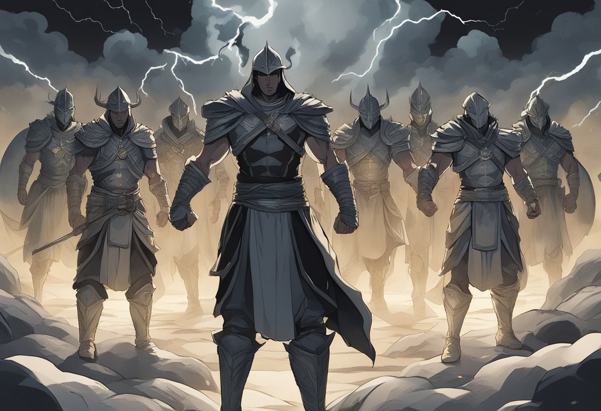 A group of warriors stand in a circle, eyes closed, hands raised, and mouths moving in fervent prayer. Their surroundings are dark and ominous, with swirling clouds and flashes of lightning in the background