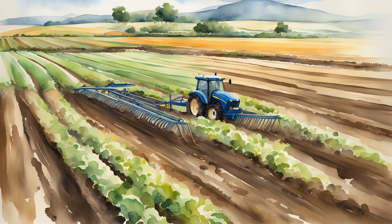 Vast fields of crops being tilled with a steel plow, leading to increased productivity and economic growth in the community