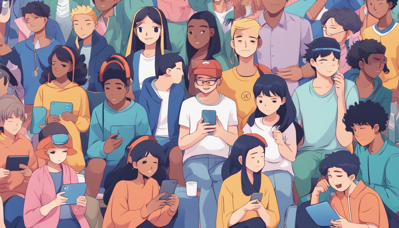 A diverse group of people engaged in various social media activities, with visible emotions and reactions, showcasing the interconnectedness and influence of social media on mental health