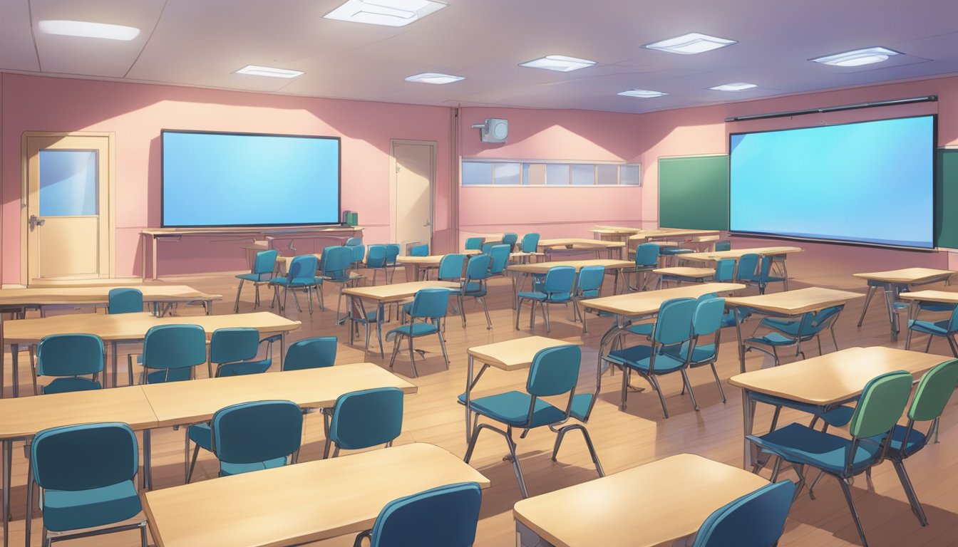 A classroom setting with rows of chairs, a projector screen, and a podium for a speaker. Various sex doll models are displayed on tables for educational purposes