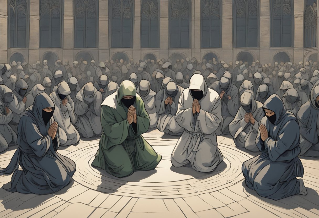 A group of masked figures kneel in a circle, their hands clasped in prayer. Suspicion and tension hang in the air as they seek to unmask their hidden enemies