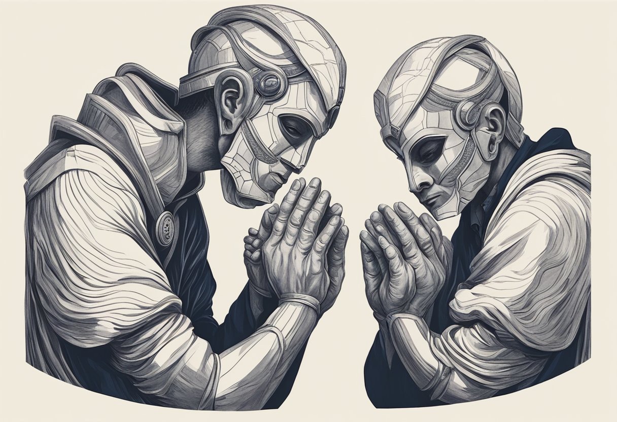 Two figures pray together, one with a devious smirk. Their intertwined hands hold a mask, symbolizing their hidden intentions