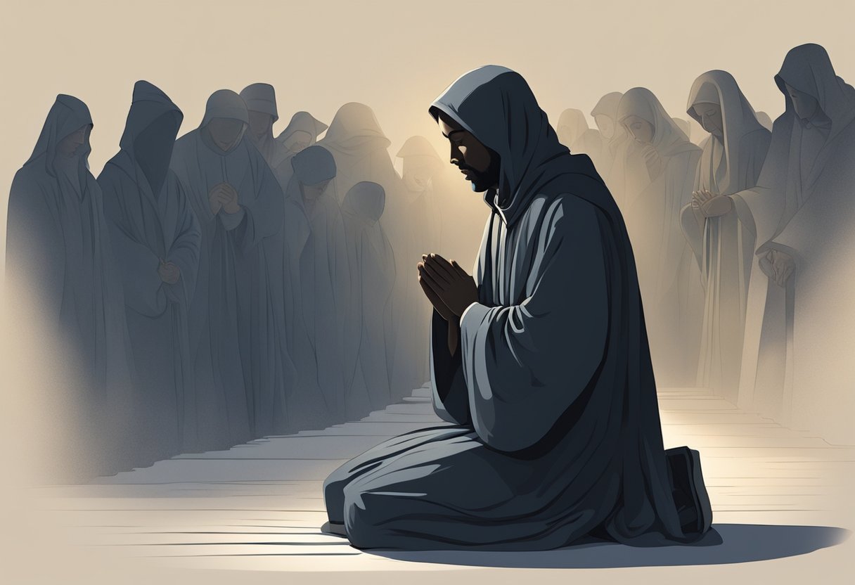 A figure kneels in prayer, surrounded by shadowy figures with hidden faces. Light pierces through the darkness, revealing the true intentions of those around