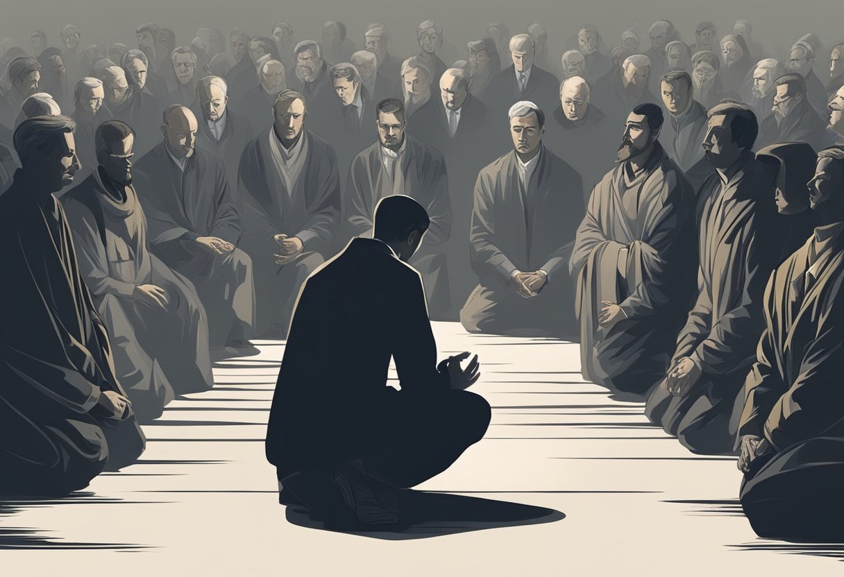 A figure kneels in prayer, surrounded by shadowy figures with hidden intentions. The atmosphere is tense, with a sense of unease and suspicion