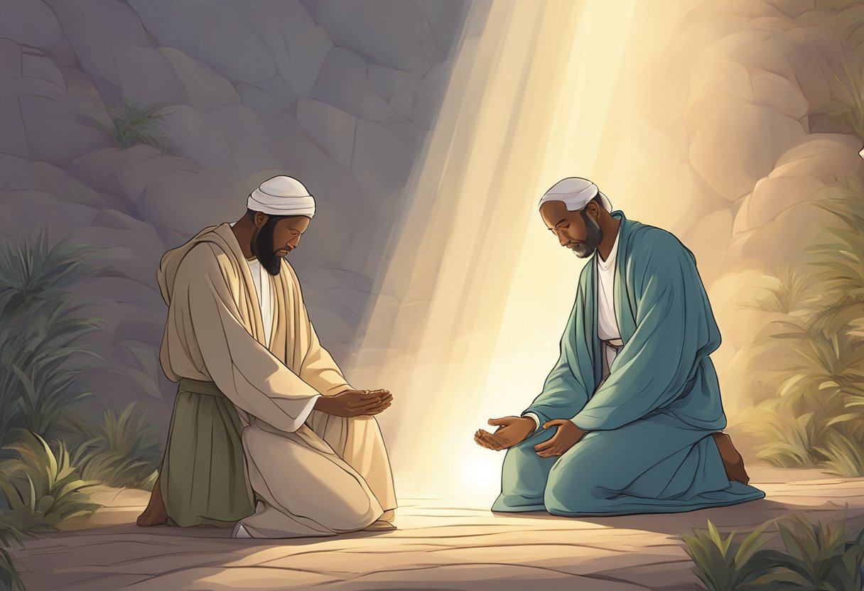 Two figures kneeling in prayer, one with a serene expression and the other with a sly, calculating look. A beam of light shining down, revealing the true intentions of the latter