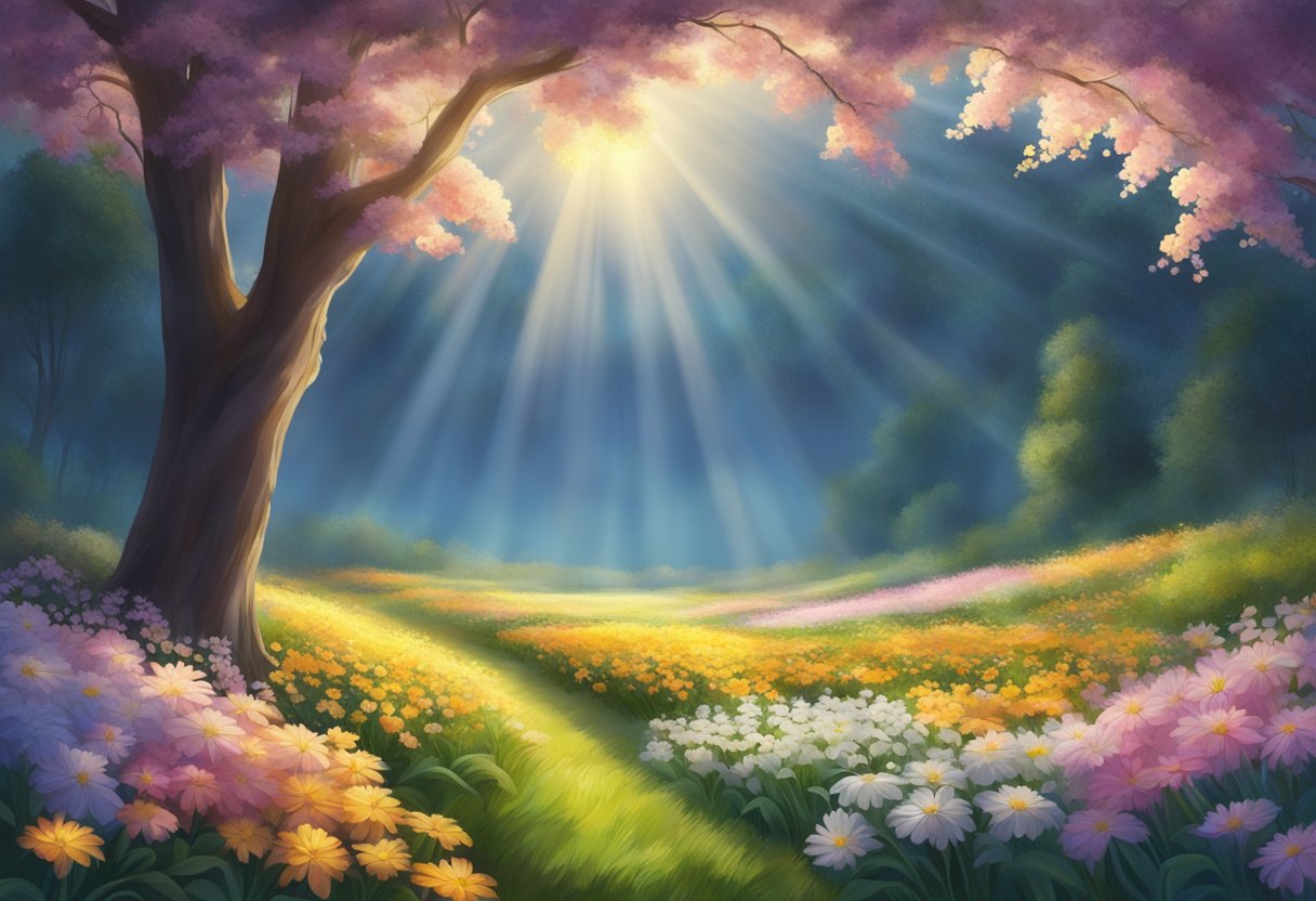 A radiant beam of light shines down on a field of blooming flowers, symbolizing divine favor and blessings