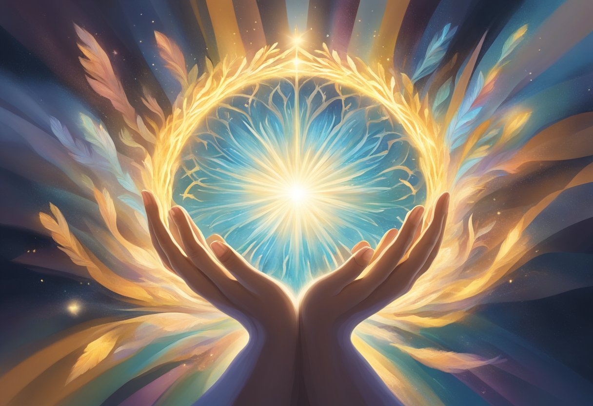 A radiant beam of light shines down on a cluster of open hands, surrounded by swirling symbols of favor and grace