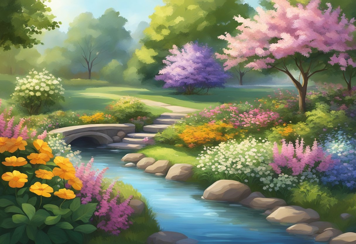 A serene garden with blooming flowers and a peaceful stream, surrounded by lush greenery and bathed in warm sunlight