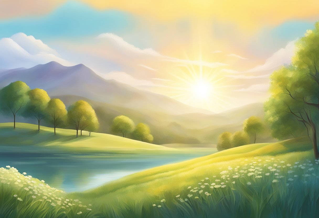 A serene landscape with a clear sky, a radiant sun, and a gentle breeze, with a sense of peace and divine favor