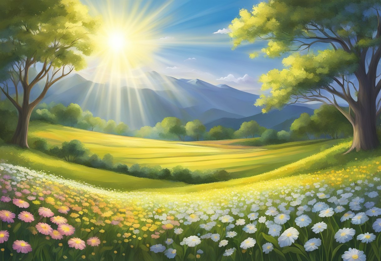 A radiant beam of light shines down on a field of blooming flowers, symbolizing unlimited favor