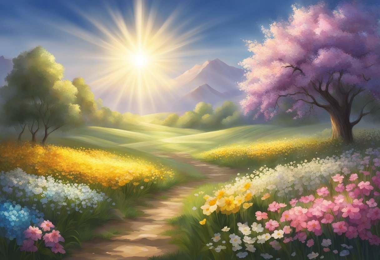 A radiant beam of light shining down on a field of blooming flowers, symbolizing divine favor and blessings