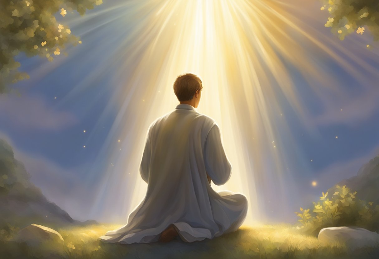 A radiant light shines down on a figure kneeling in prayer, surrounded by a halo of favor and blessings
