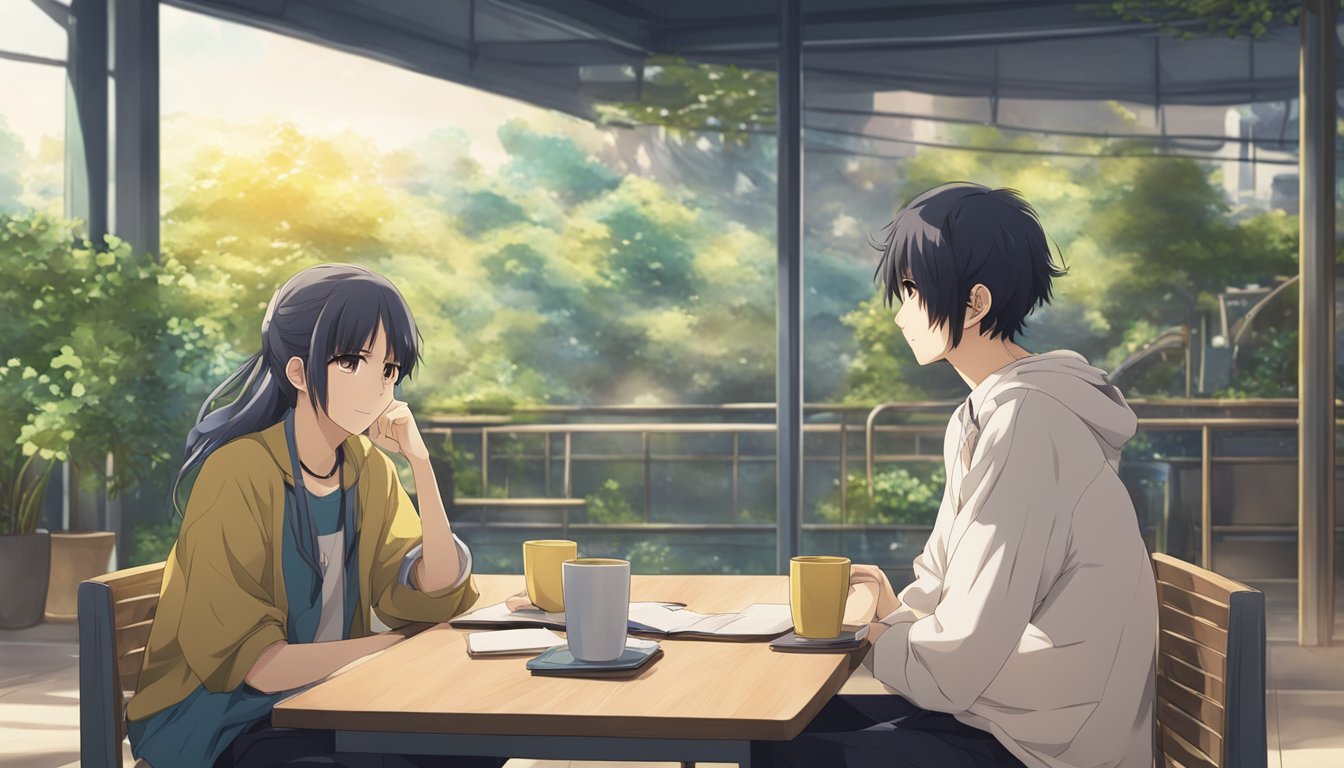 Two figures sitting across from each other, engaged in deep conversation, with a sense of connection and understanding between them