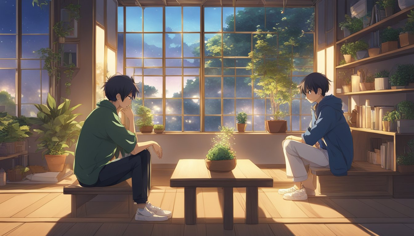 Two figures sitting closely, engaged in deep conversation, surrounded by a warm and intimate atmosphere