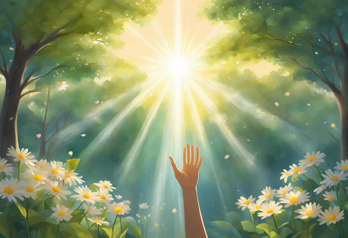 A serene garden with a beam of light shining down on a blooming flower, surrounded by open hands reaching towards the sky in hopeful anticipation