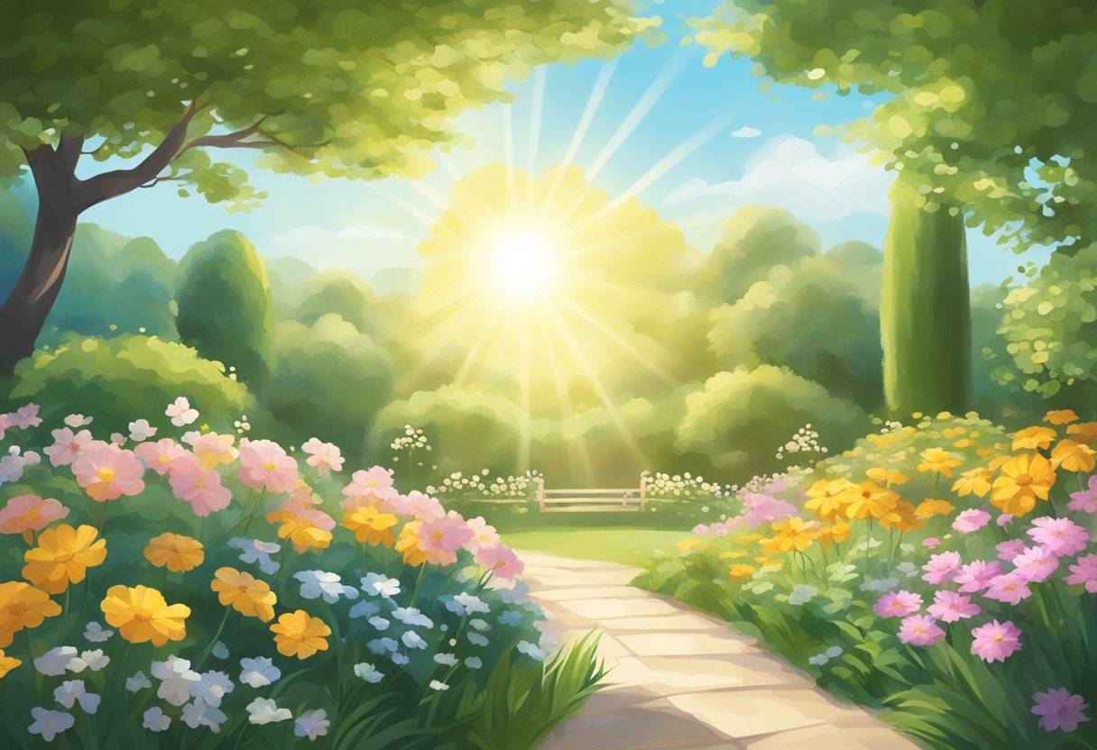 A serene garden with blooming flowers, a gentle breeze, and a radiant sun shining down, creating a peaceful and inviting atmosphere
