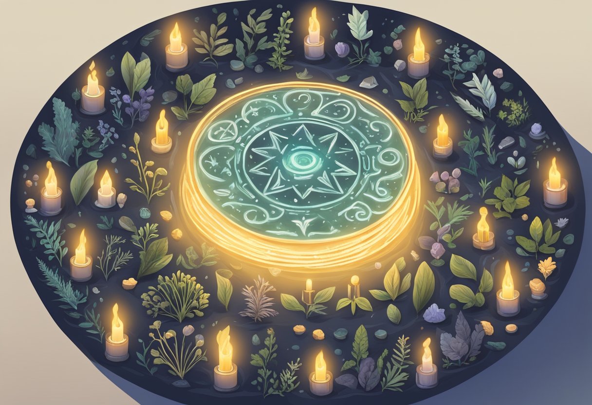 A circle of glowing symbols, surrounded by candles and herbs, as a book of ancient incantations lies open, emitting a faint, otherworldly glow