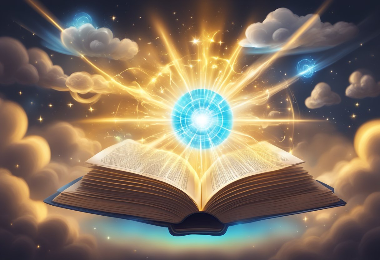 A glowing book radiates light, surrounded by swirling symbols and mystical energy. A beam of light shoots out, dispersing dark clouds and breaking enchantments