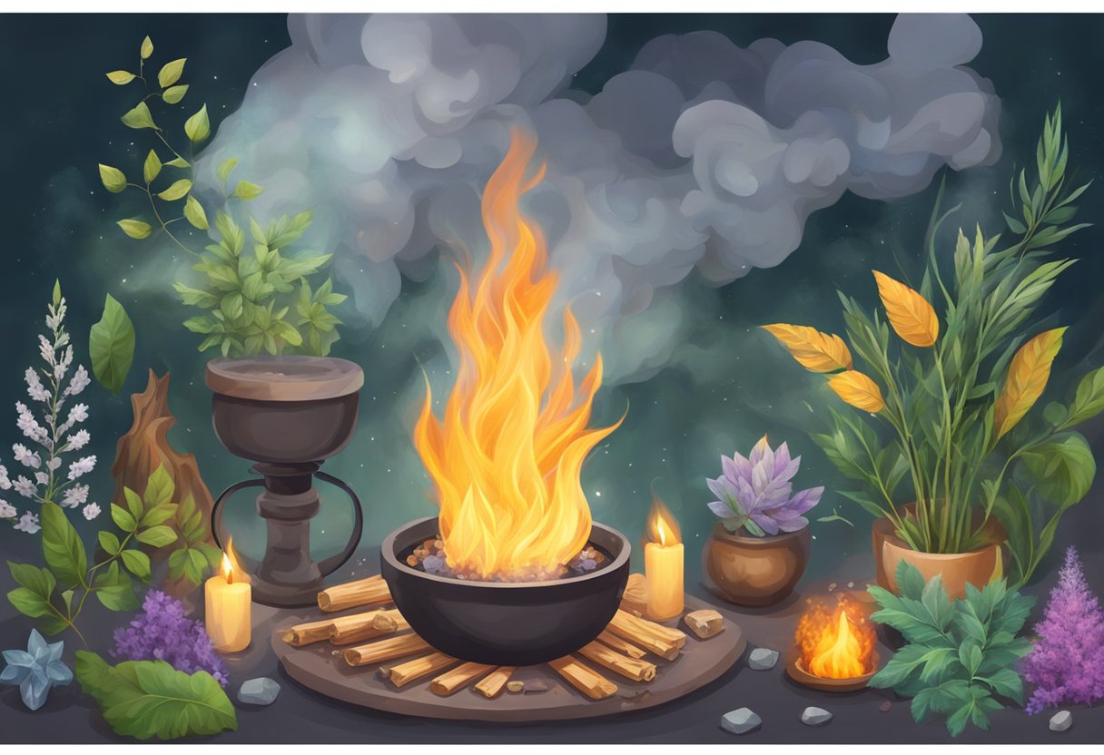 A sacred fire burns, surrounded by herbs and crystals. Smoke rises, carrying prayers to cleanse and purify. Another fire blazes, consuming spells and enchantments