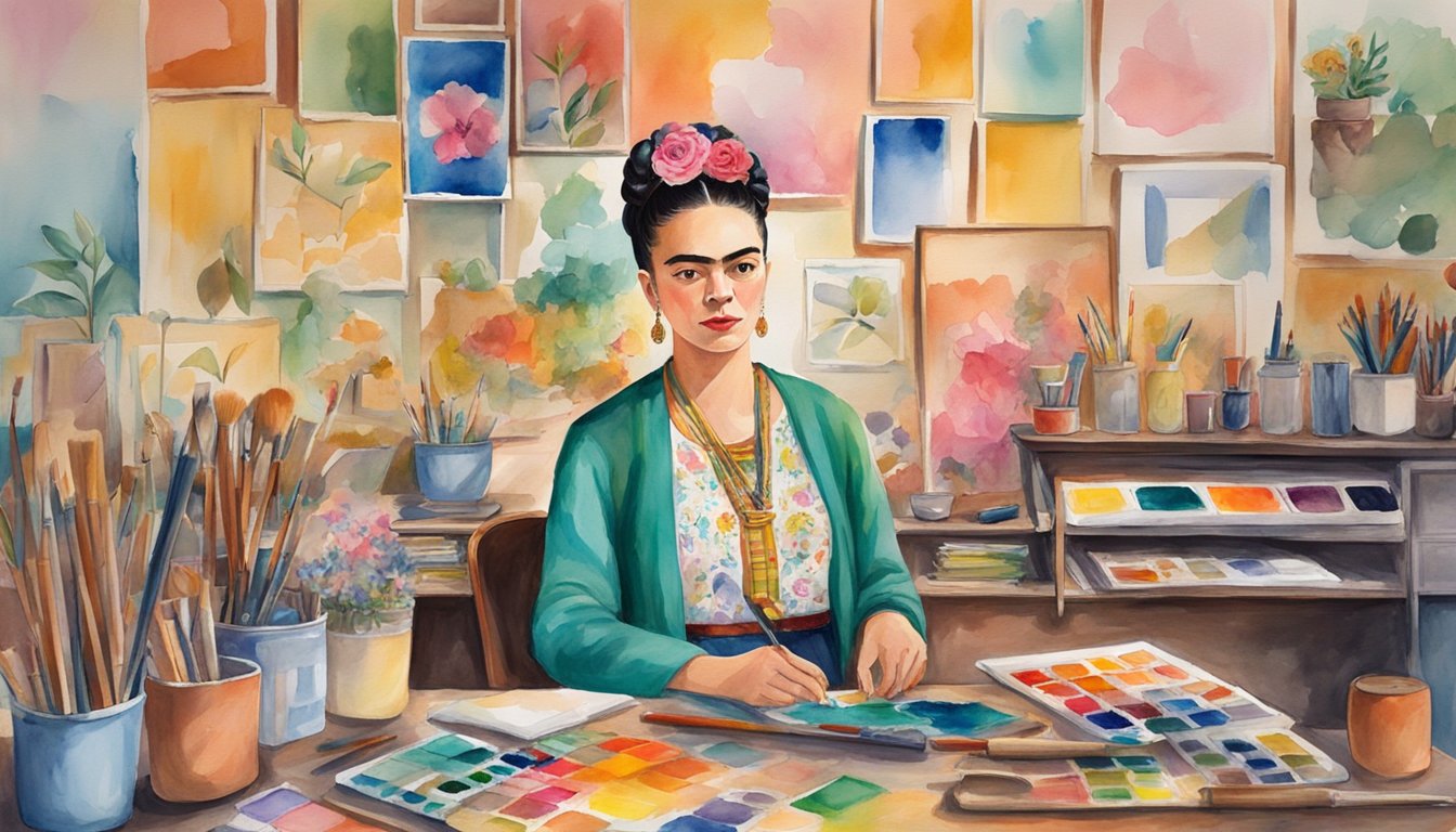 A colorful palette and paintbrushes lay scattered on a cluttered desk, surrounded by vibrant canvases and sketches.</p><p>A self-portrait of Frida Kahlo hangs proudly on the wall, capturing her iconic style and spirit