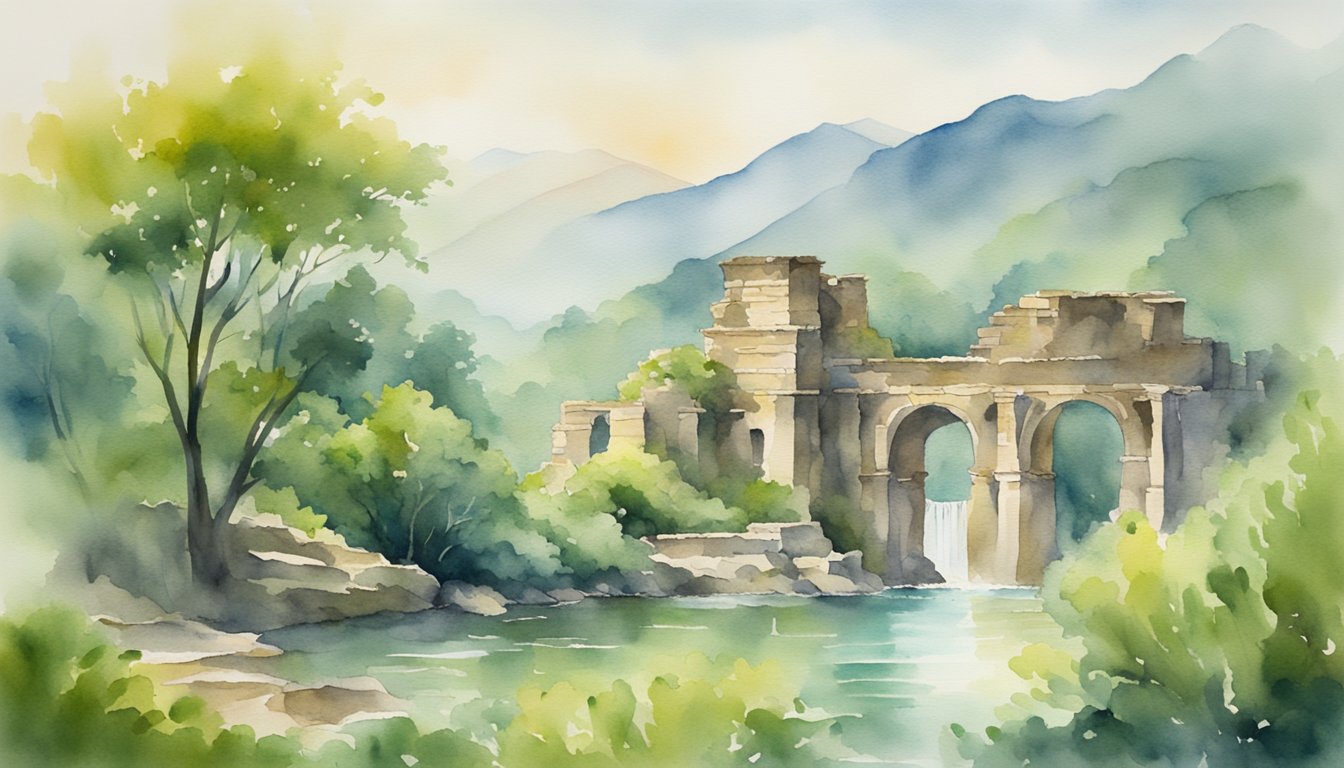 Ancient ruins rise from fertile river valley, surrounded by lush greenery and flowing water