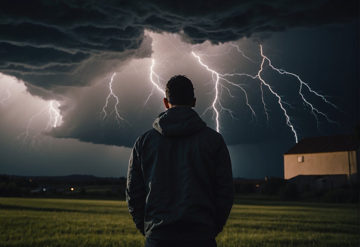 A dark storm cloud hovers over a person's head, casting a shadow and creating a sense of heaviness and burden. Lightning strikes, symbolizing the sudden and intense nature of chronic pain