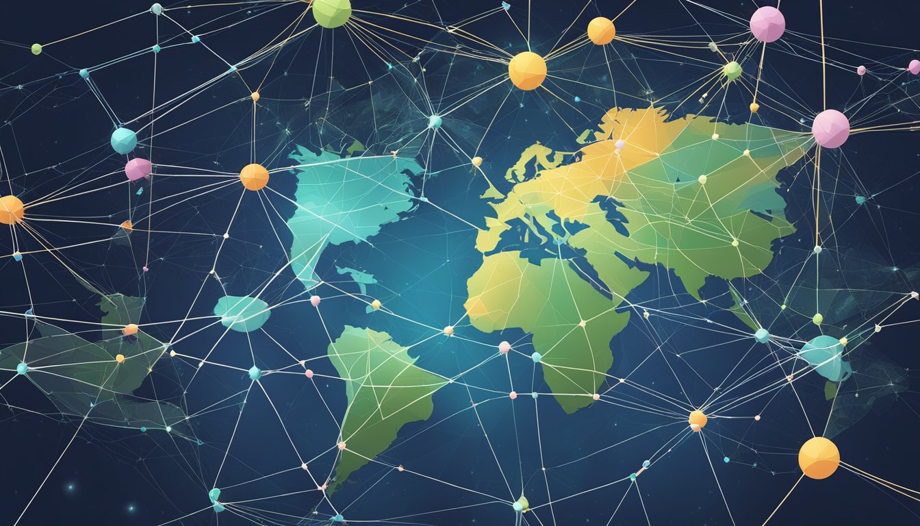 A web of interconnected nodes symbolizing global networks and international relations, with lines representing communication and collaboration